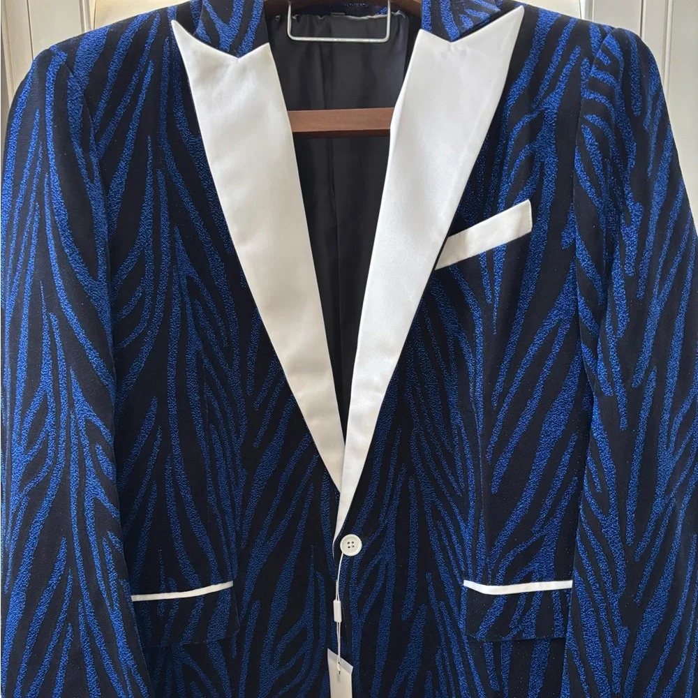 Doohoob elegant Blue and Black Blazer with White Accents glitter glitz statement